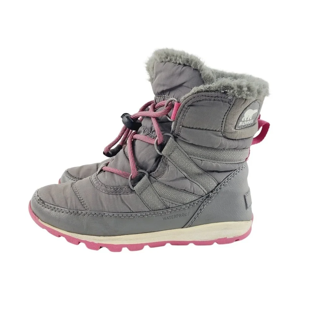 Sorel Lace-Up Synthetic Faux Fur Winter Outdoor Snow Boot Girls Size 1 Gray Pink
